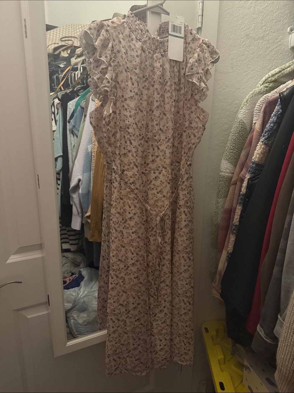 Nina Leonard Cream Floral Ruffle Maxi Dress
